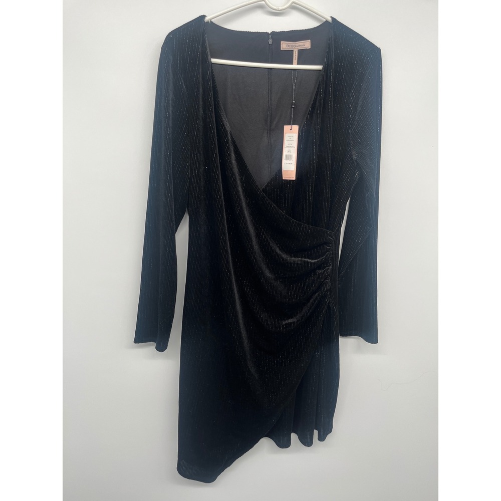 BCBGeneration Surplice Metallic Pleated Mini Dress Womens 16 GY05D30-BSV Black